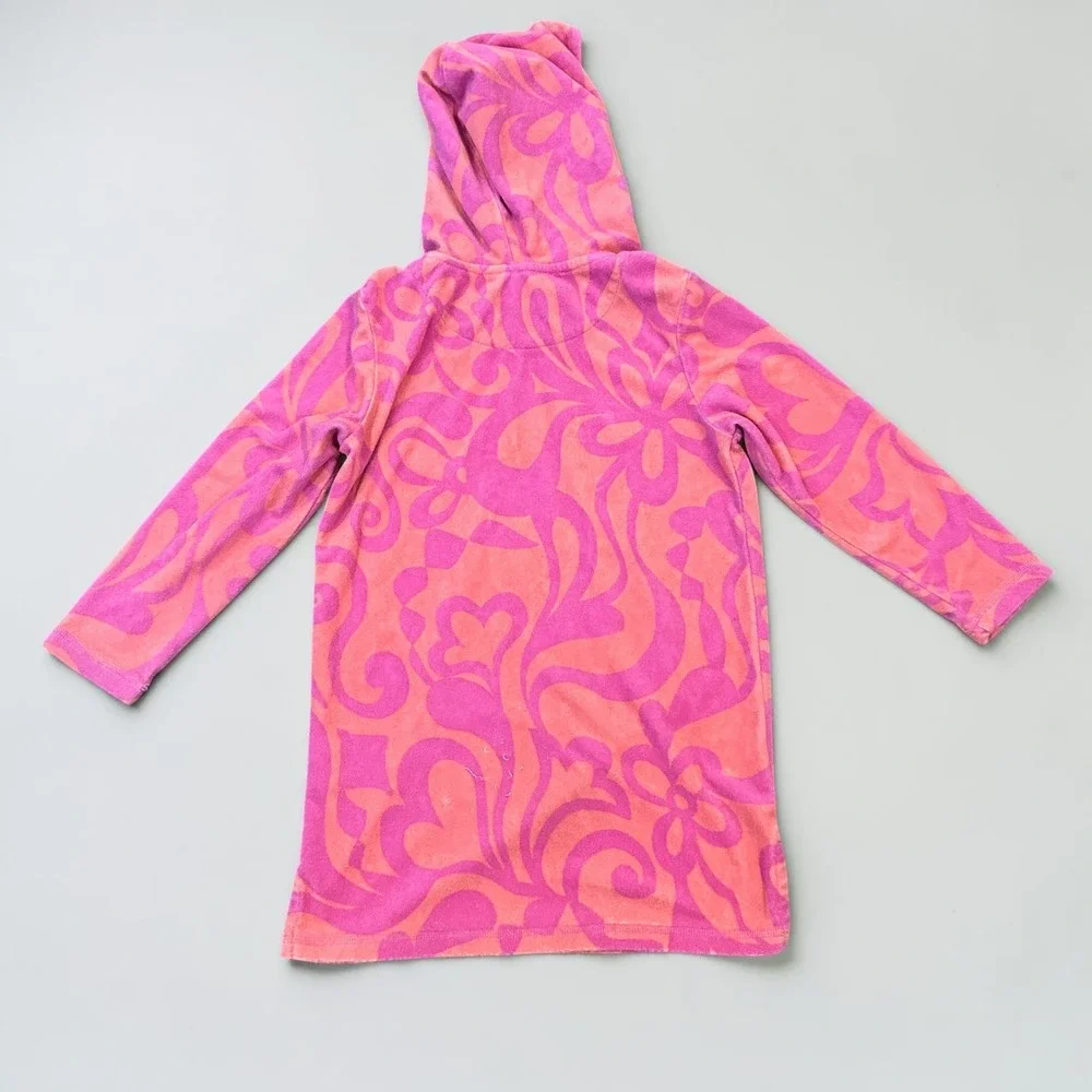 Mini Boden Girls Pink Orange Floral Terry Cloth Hooded Beach Cover Up Dress 7-8Y